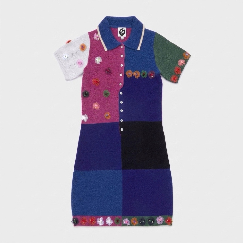 YanYan Knits Checked Mini Sweater Dress (Sz XS) Floral Applique Wool Very Berry
